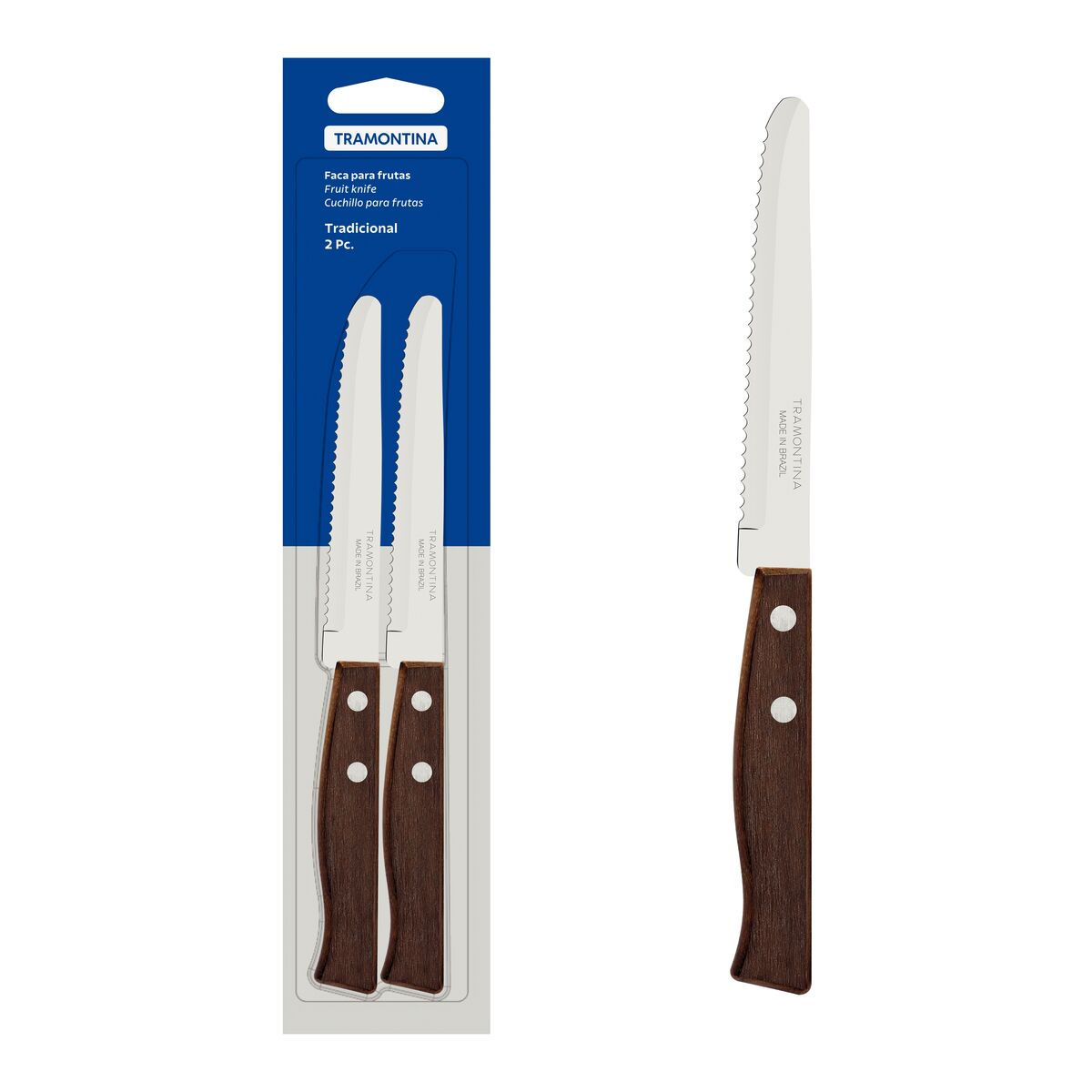 Conjunto de Facas para Frutas Tramontina Tradicional com Lâminas em Aço Inox e Cabos de Madeira Natural 02 Peças