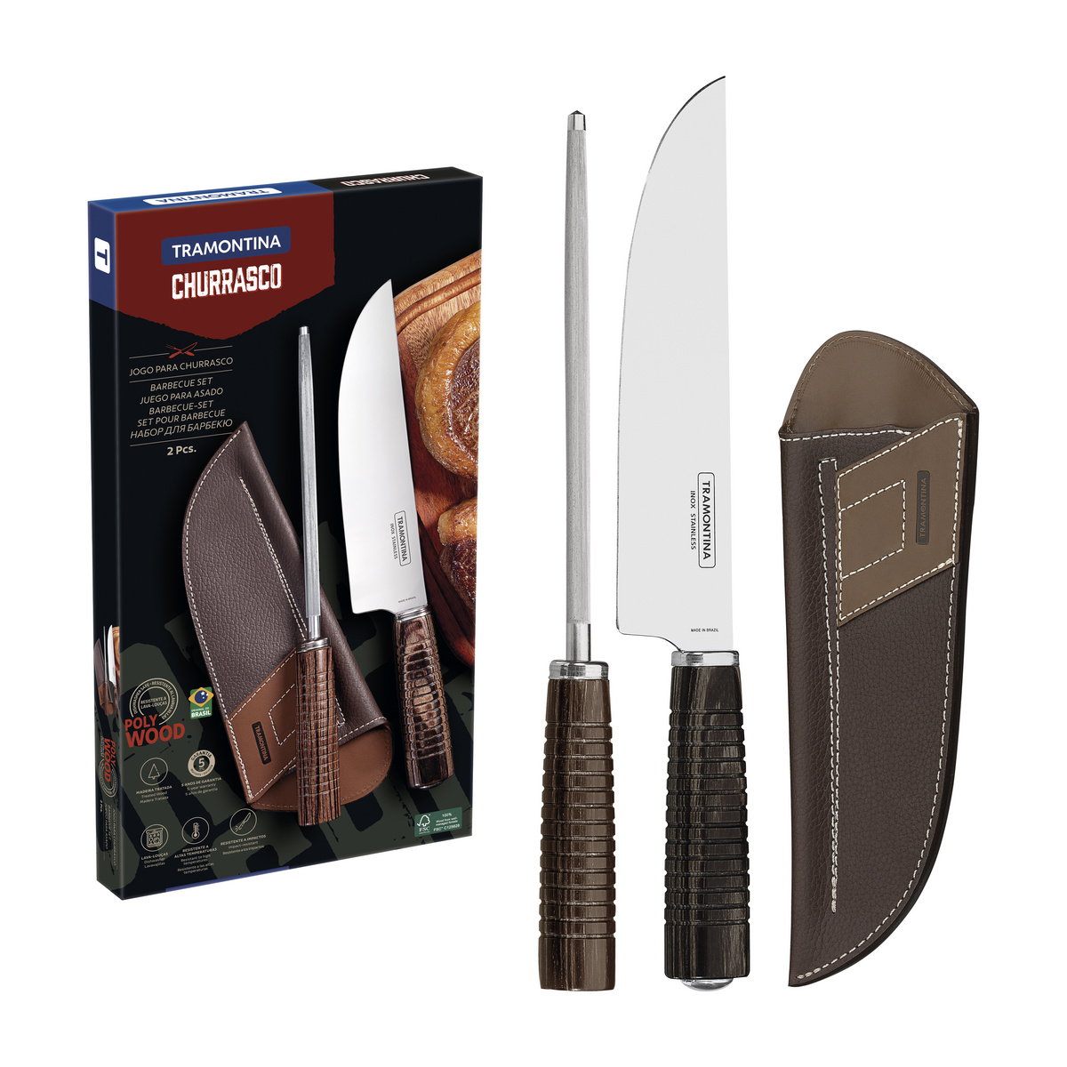 Jogo de Facas Tramontina com Lâminas em Aço Inox e Cabos de Madeira Tratada Polywood Castanho com Chaira 02 Peças