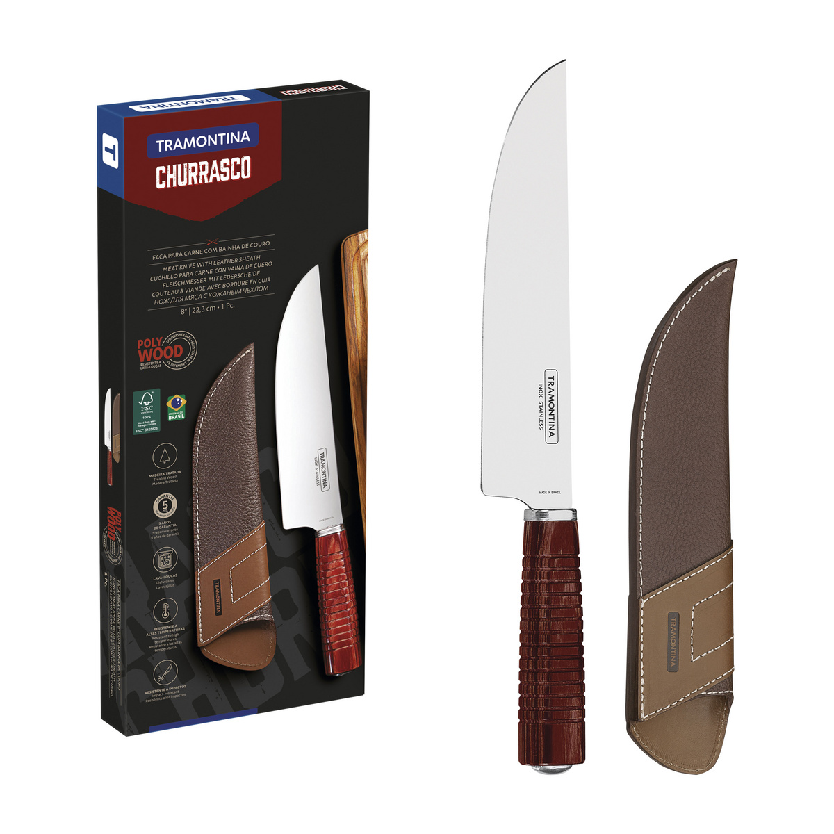 Faca para Carne Tramontina com Lâmina em Aço Inox e Cabo de Madeira Tratada Polywood Vermelho com Bainha de Couro 8"