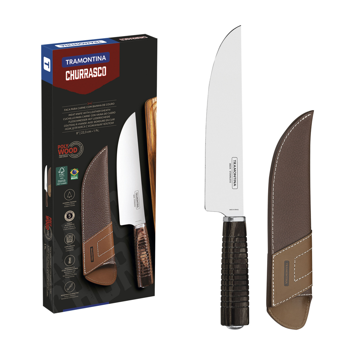 Faca para Carne Tramontina com Lâmina em Aço Inox e Cabo de Madeira Tratada Polywood Castanho com Bainha de Couro 8"