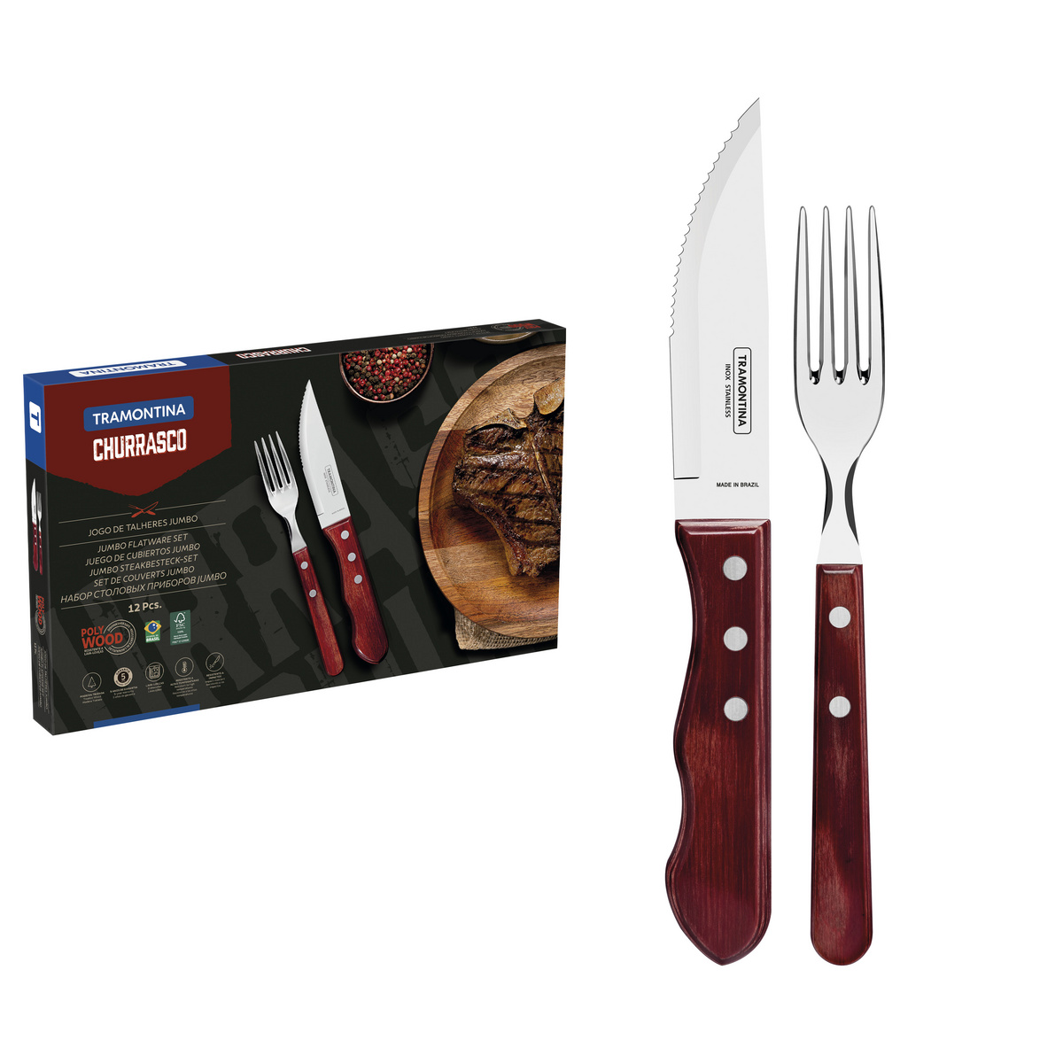 Jogo de Talheres para Churrasco Jumbo Tramontina em Aço Inox com Cabo Vermelho Polywood 12 Peças
