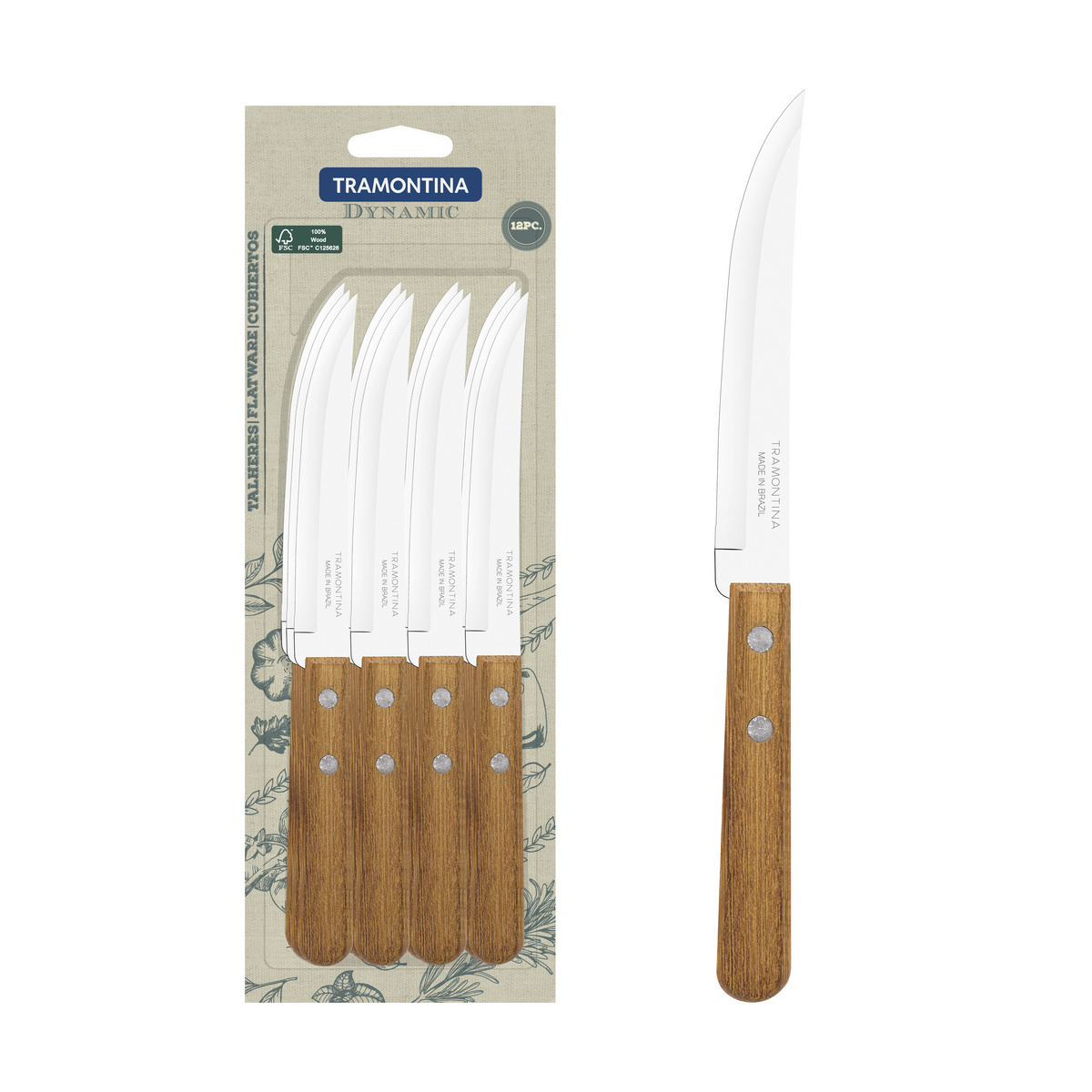 Conjunto de Facas para Churrasco Tramontina Dynamic com Lâmina em Aço Inox com Fio Liso e Cabos de Madeira Natural 12 Peças