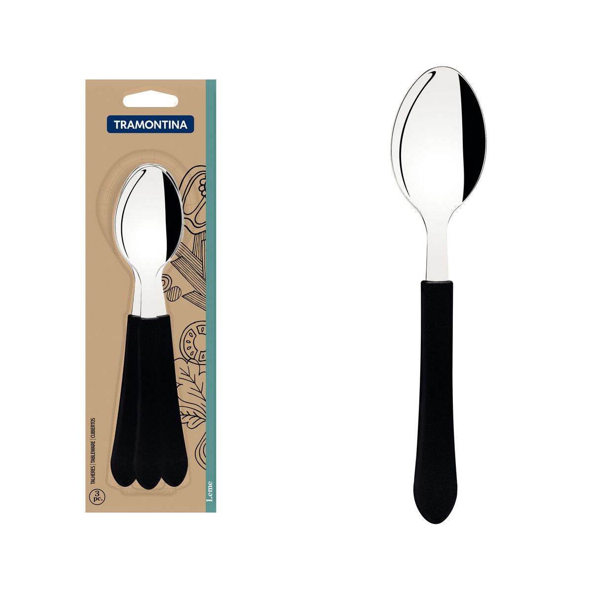 Conjunto de Colheres de Mesa Tramontina Leme com Lâminas em Aço Inox e Cabos de Polipropileno Preto 3 Peças
