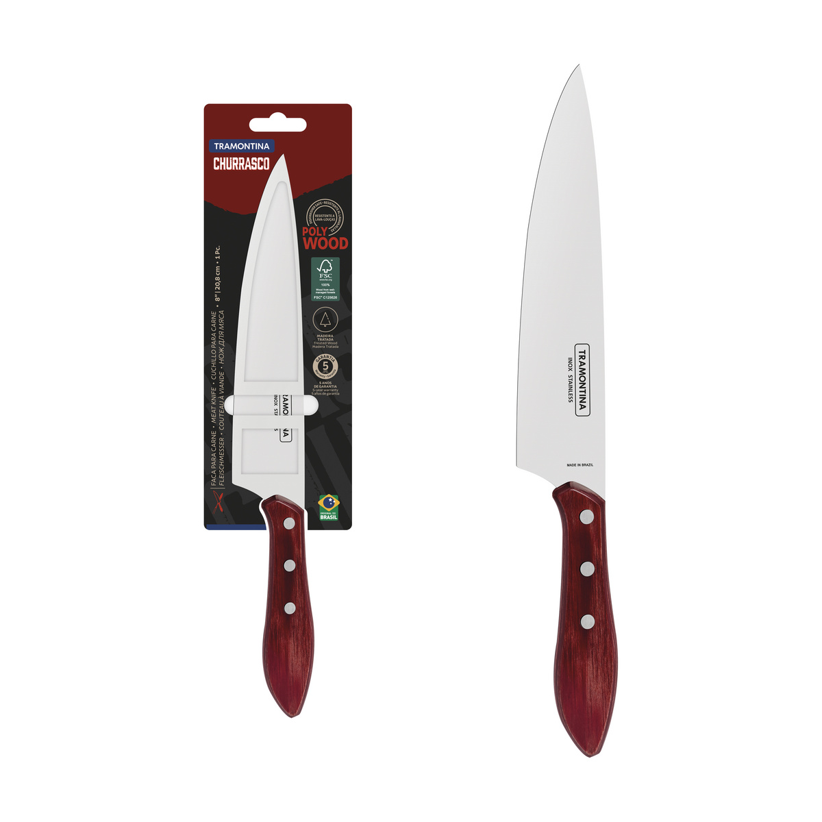 Faca para Carne Tramontina com Lâmina em Aço Inox e Cabo de Madeira Tratada Vermelho Polywood 8"
