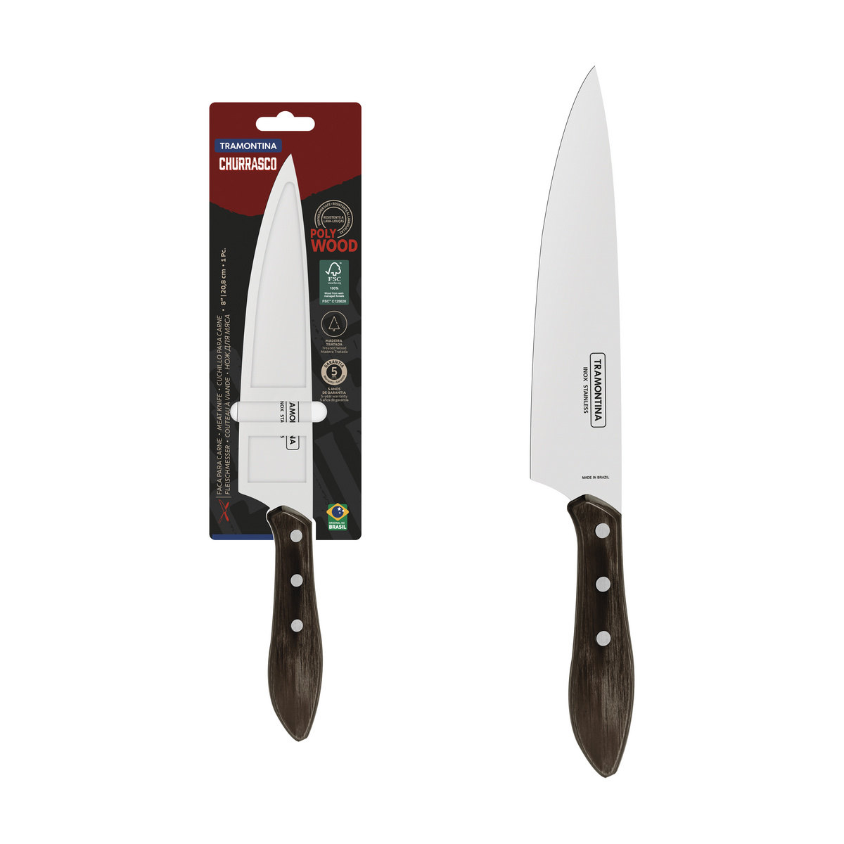 Faca para Carne Tramontina com Lâmina em Aço Inox e Cabo de Madeira Tratada Polywood Castanho 8"