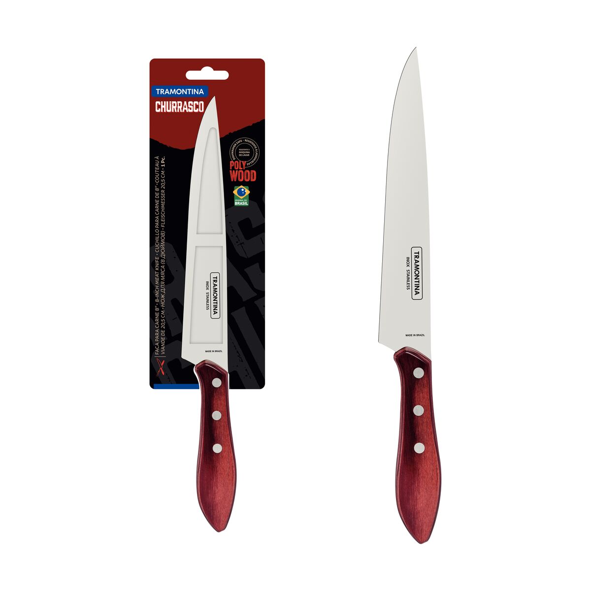 Faca para Carne Tramontina Polywood com Lâmina em Aço Inox e Cabo de Madeira Tratada Polywood Vermelho 8"