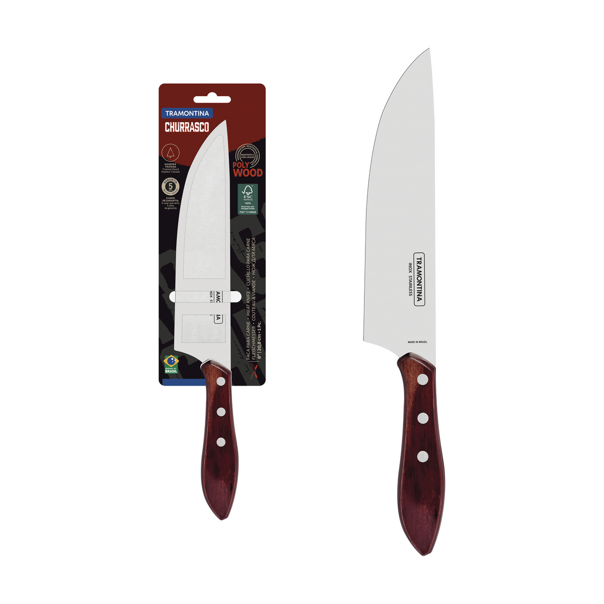 Faca para Carne Tramontina com Lâmina em Aço Inox e Cabo em Madeira Tratada Polywood Vermelho 8"
