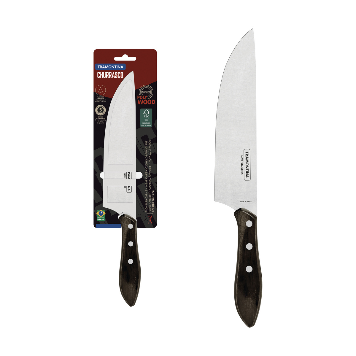 Faca para Carne Tramontina com Lâmina em Aço Inox e Cabo em Madeira Tratada Polywood Castanho 8"