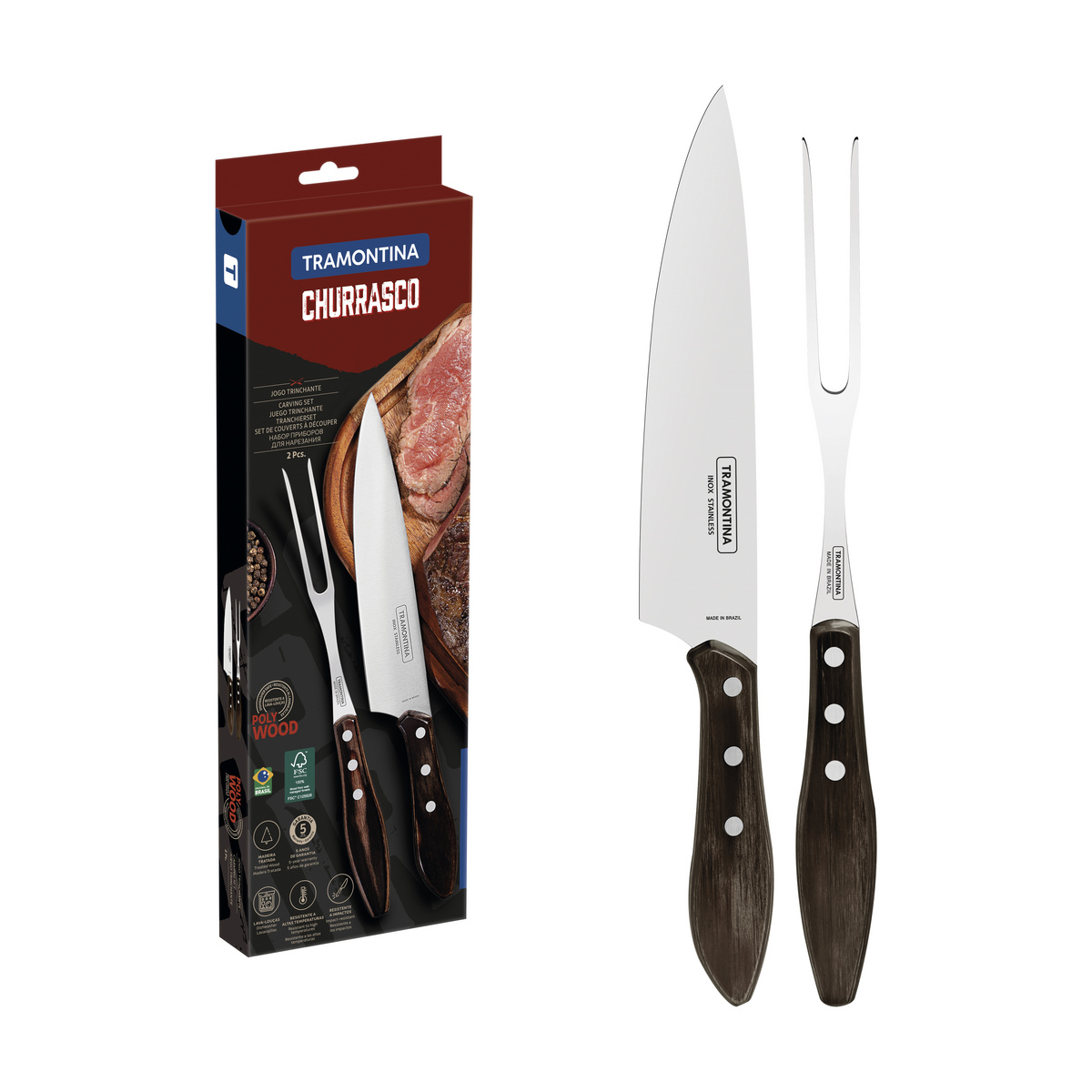 Jogo Trinchante para Churrasco Tramontina com Lâmina em Aço Inox e Cabo em Madeira Tratada Polywood Castanho 2 Peças