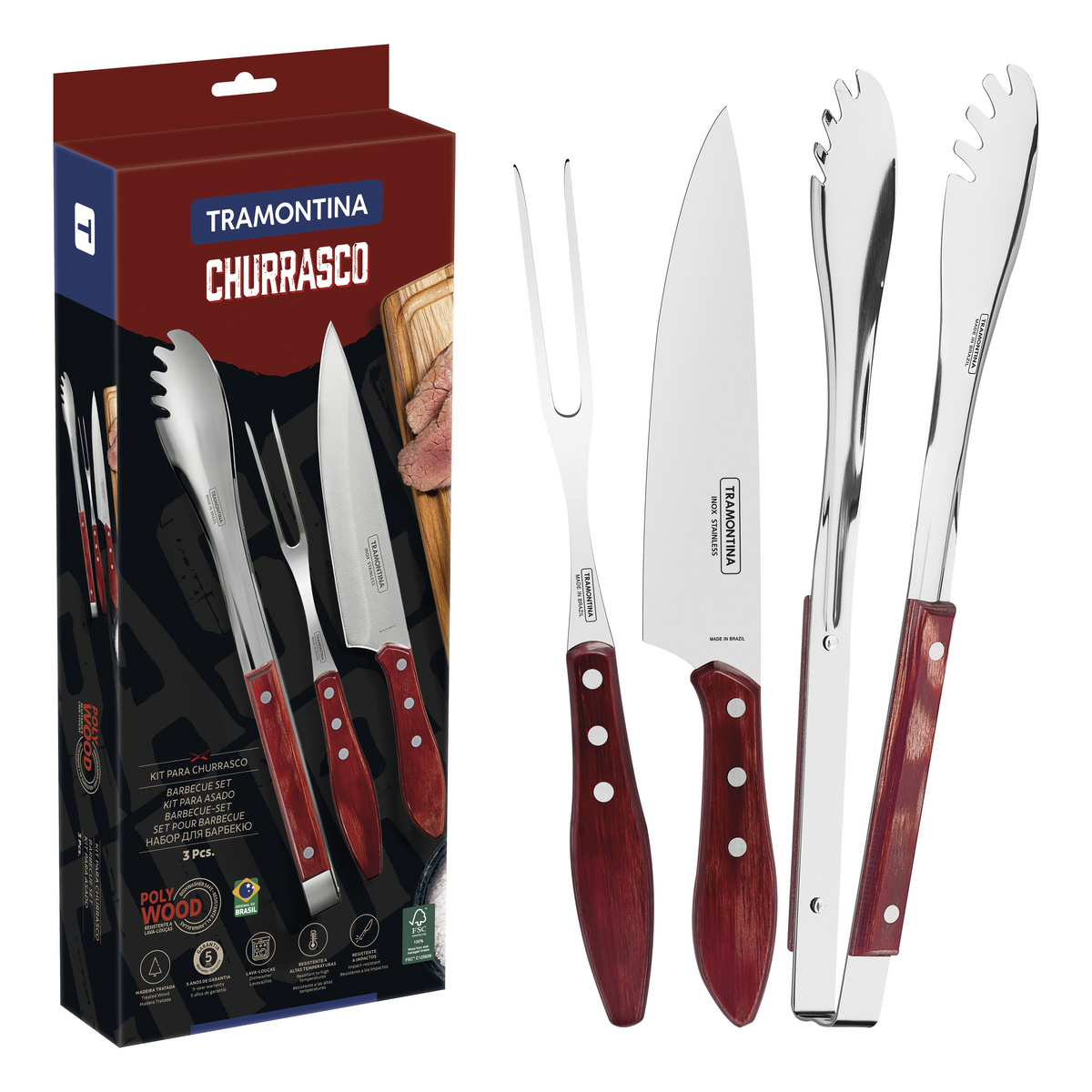 Jogo para Churrasco Tramontina com Lâminas em Aço Inox com Cabo de Madeira Tratada Polywood Vermelho 3 Peças
