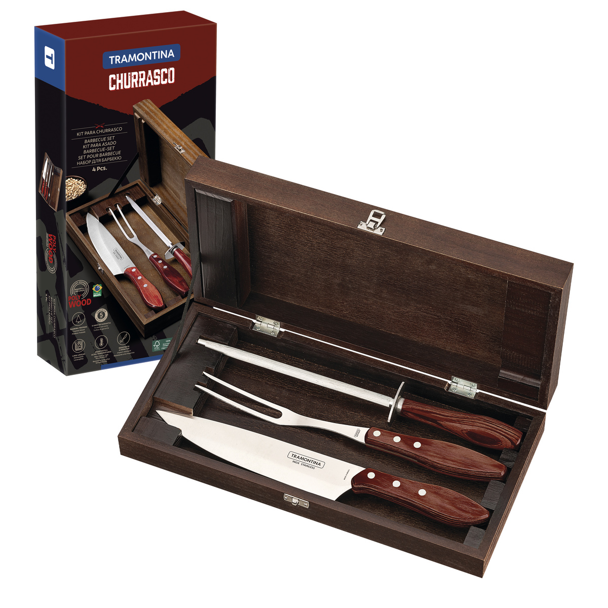 Kit para Churrasco Tramontina em Aço Inox e Cabo de Madeira Vermelho Polywood com Estojo de Madeira 4 Peças