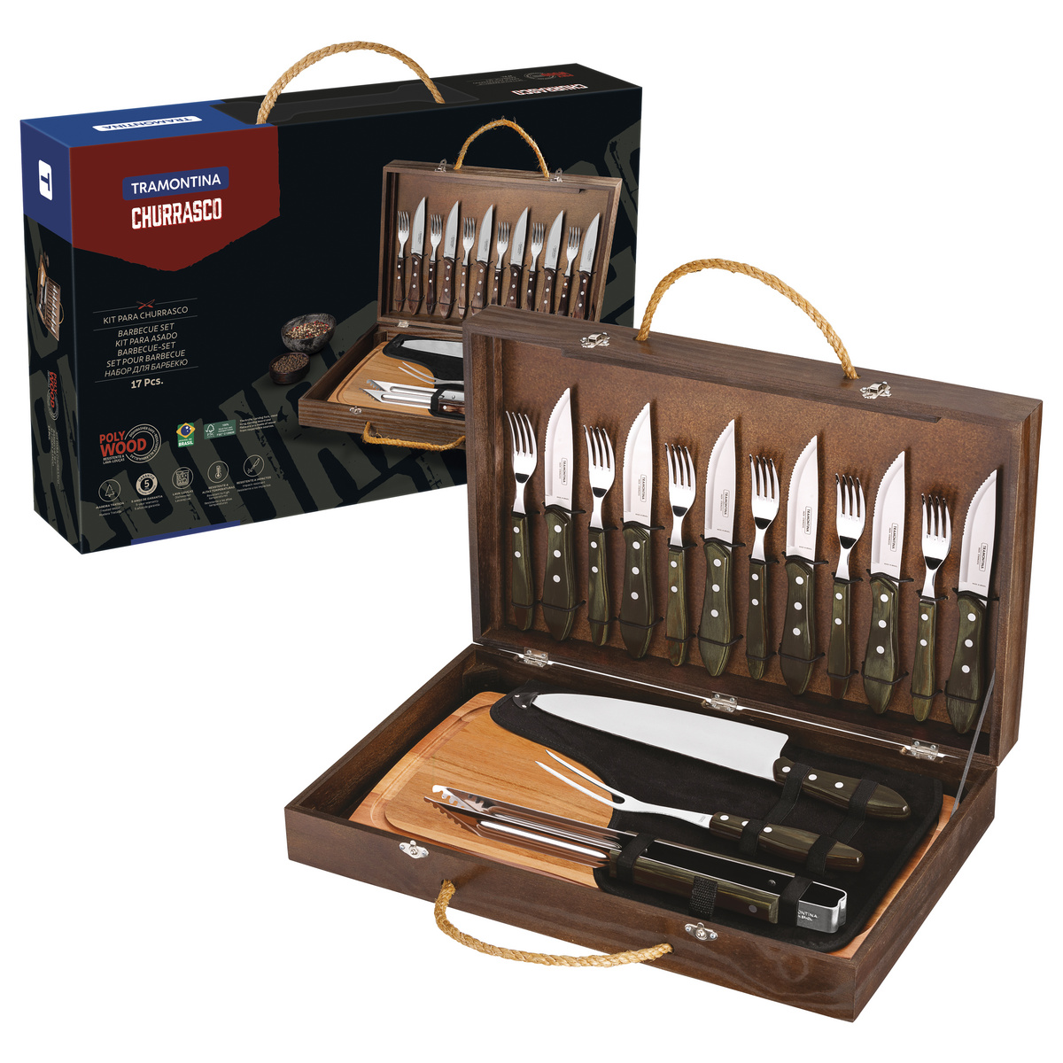 Kit para Churrasco Tramontina com Talheres Jumbo em Aço Inox Cabo Castanho Polywood com Tábua e Estojo de Madeira 17 Peças