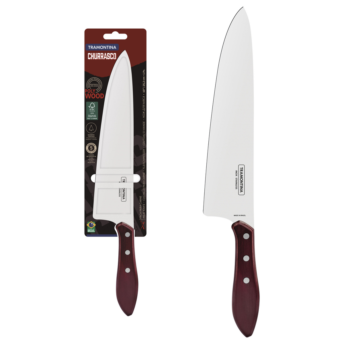 Faca para Carne Tramontina com Lâmina em Aço Inox e Cabo de Madeira Tratada Polywood Vermelho 10"