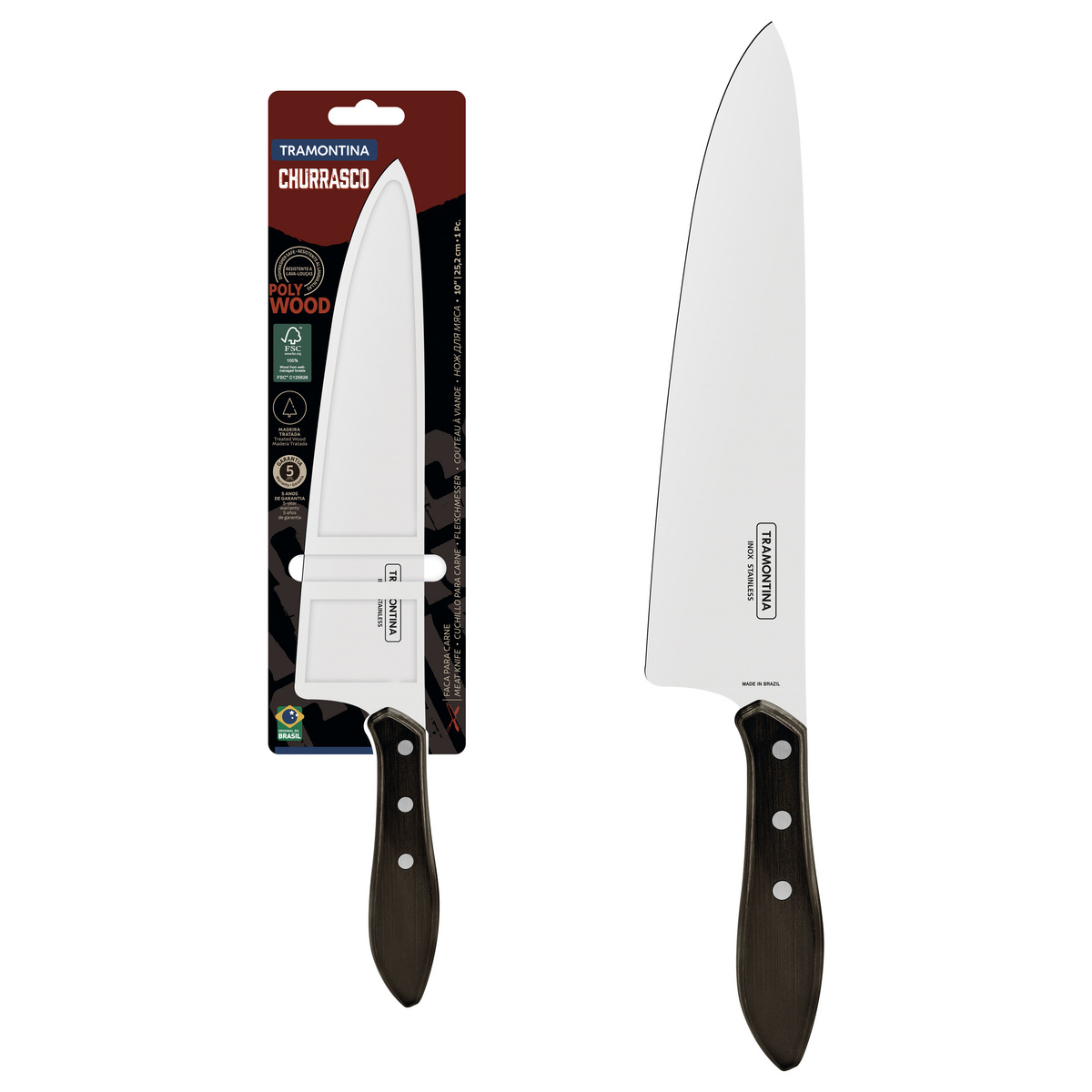Faca para Carne Tramontina com Lâmina em Aço Inox e Cabo de Madeira Tratada Polywood Castanho 10"