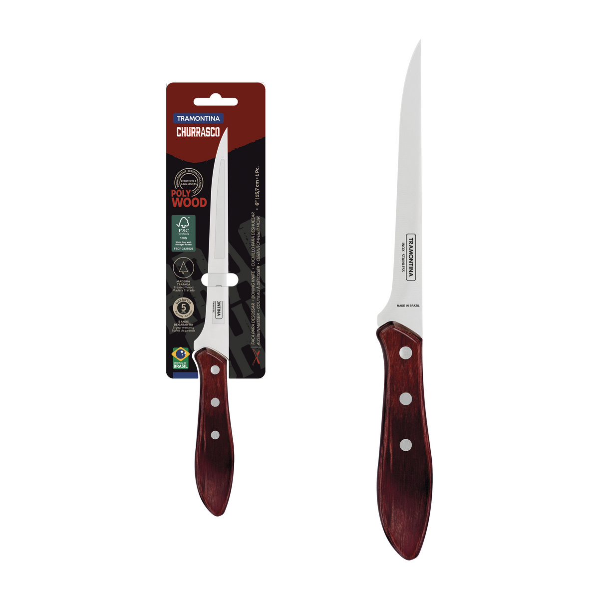 Faca para Desossar Tramontina com Lâmina em Aço Inox e Cabo de Madeira Tratada Vermelho Polywood 6"