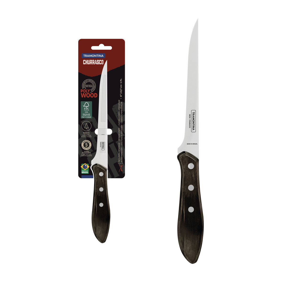 Faca para Desossar Tramontina com Lâmina em Aço Inox e Cabo de Madeira Tratada Polywood Castanho 6"