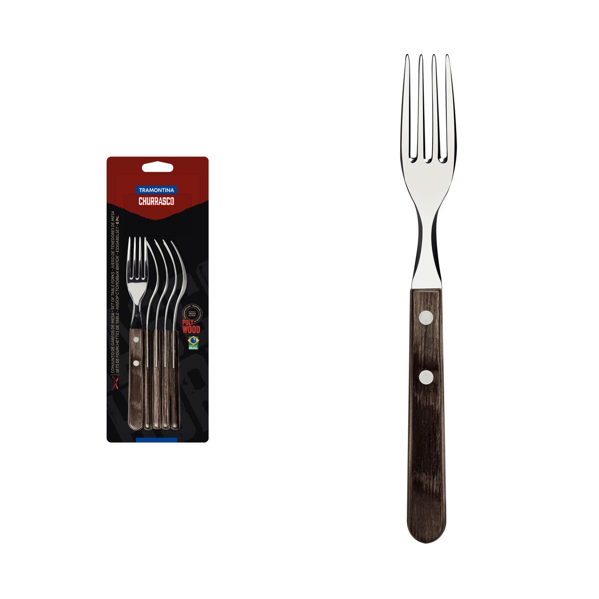 Conjunto de Garfos para Churrasco Tramontina em Aço Inox com Cabo Castanho Polywood 6 Peças