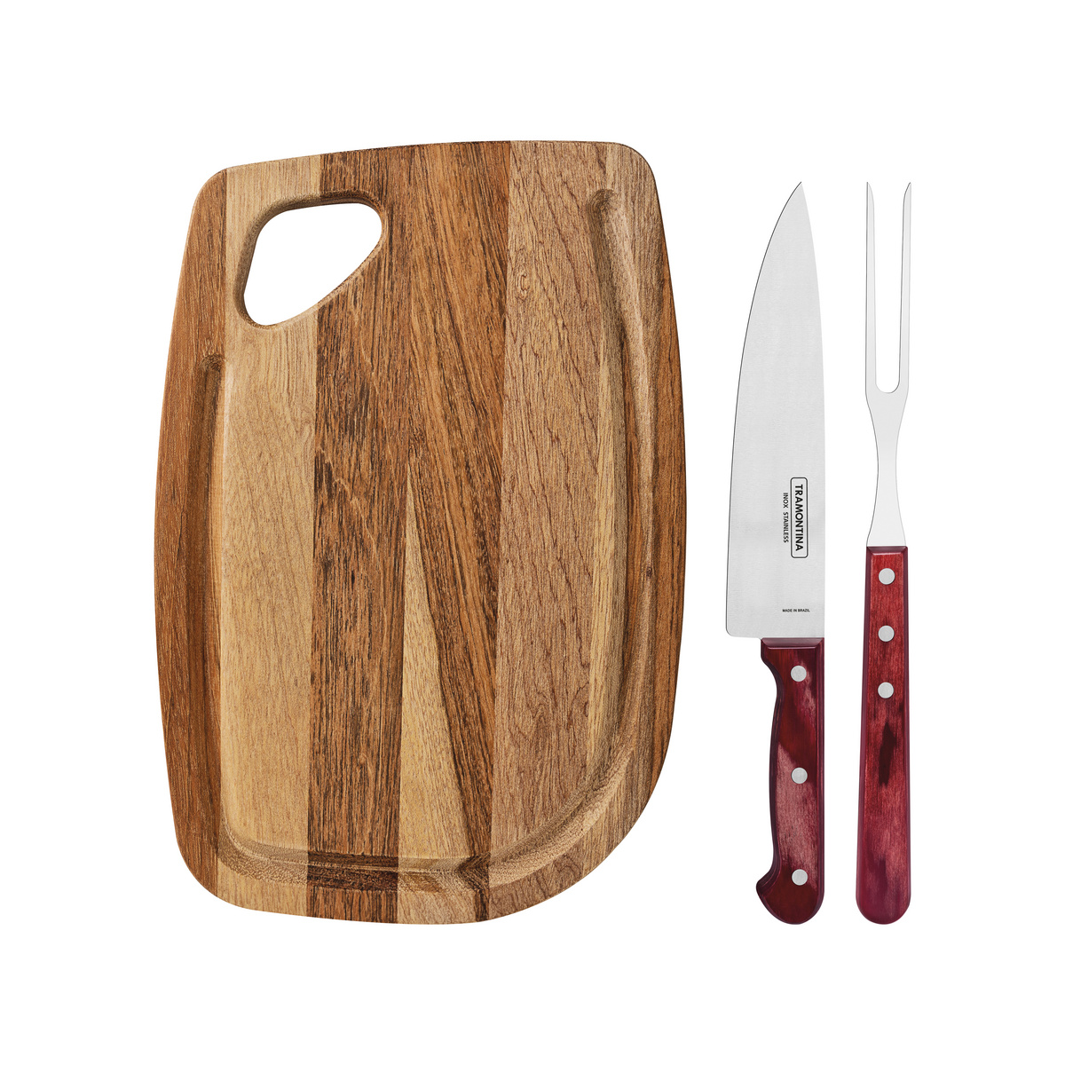 Kit para Churrasco Tramontina com Lâminas em Aço Inox e Cabo Polywood Vermelho com Tábua de Madeira 3 Peças