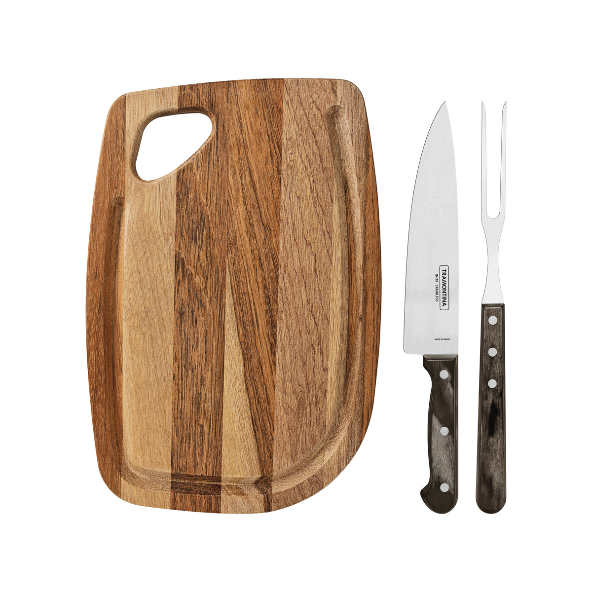 Kit para Churrasco Tramontina com Lâmina em Aço Inox Cabo de Madeira Polywood Castanho com Tábua de Madeira 3 Peças