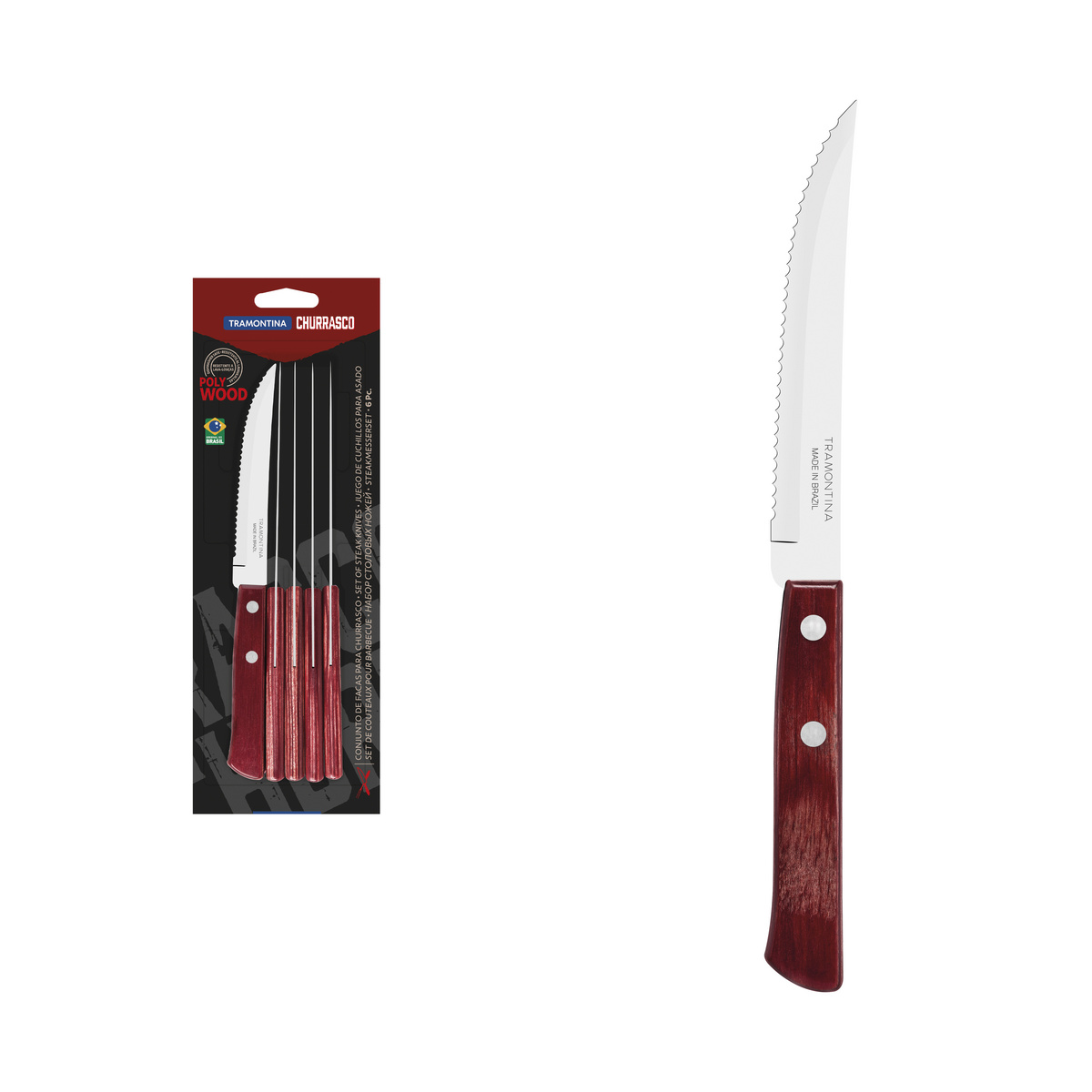 Conjunto de Facas para Churrasco Tramontina 5" em Aço Inox com Cabo Vermelho Polywood 6 Peças