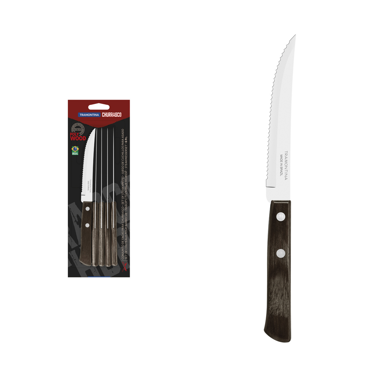 Conjunto de Facas para Churrasco Tramontina em Aço Inox com Cabo Castanho Polywood 6 Peças