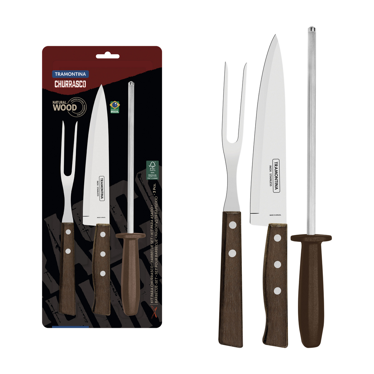 Kit para Churrasco Tramontina com Lâminas de Aço Inox e Cabos de Madeira Natural e Polipropileno 3 Peças