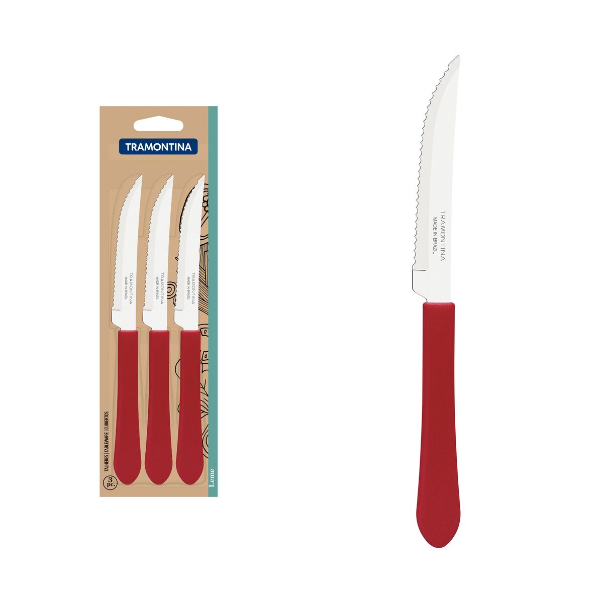 Conjunto de Facas para Churrasco Tramontina Leme com Lâminas em Aço Inox e Cabos de Polipropileno Vermelho 3 Peças