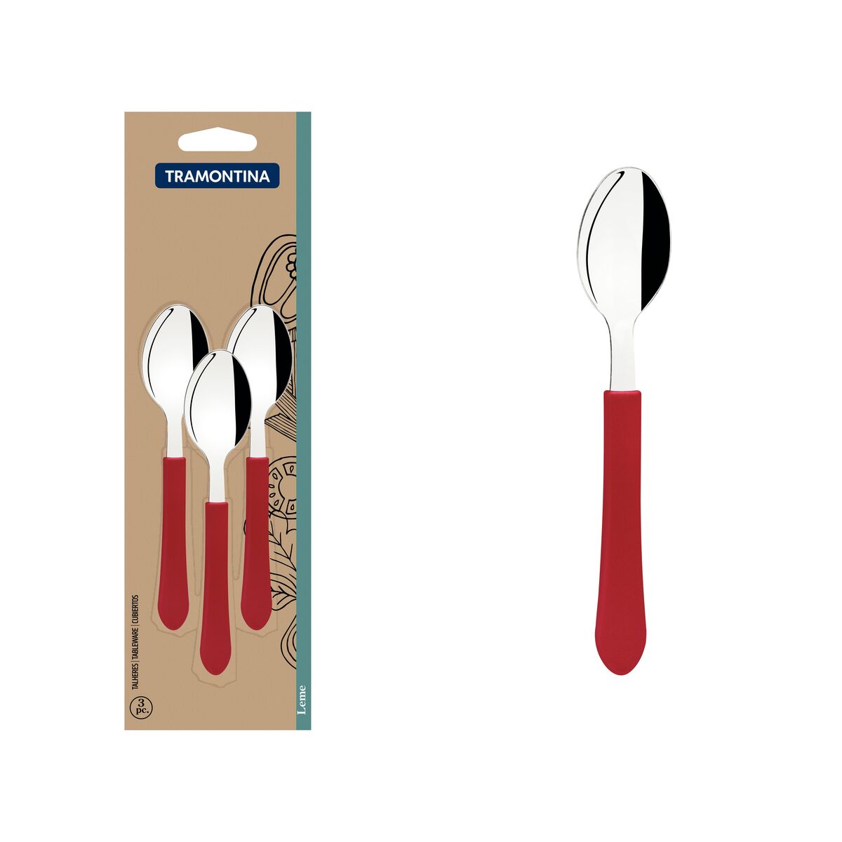 Conjunto de Colheres para Chá Tramontina Leme com Lâminas em Aço Inox e Cabos de Polipropileno Vermelho 3 Peças