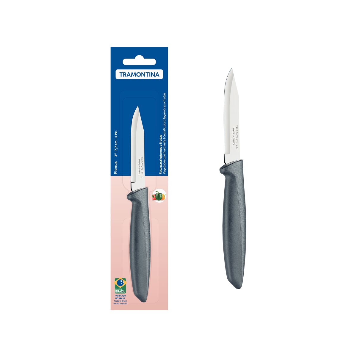Faca para Legumes e Frutas Tramontina Plenus com Lâmina em Aço Inox e Cabo de Polipropileno Cinza 3"