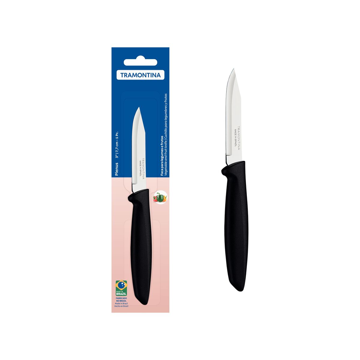 Faca para Legumes e Frutas Tramontina Plenus com Lâmina em Aço Inox e Cabo de Polipropileno Preto 3"