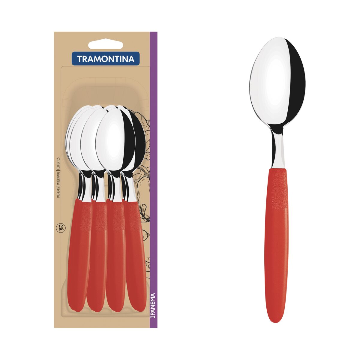 Conjunto de Colheres de Mesa Tramontina Ipanema com Lâminas em Aço Inox e Cabos de Polipropileno Vermelho 12 Peças