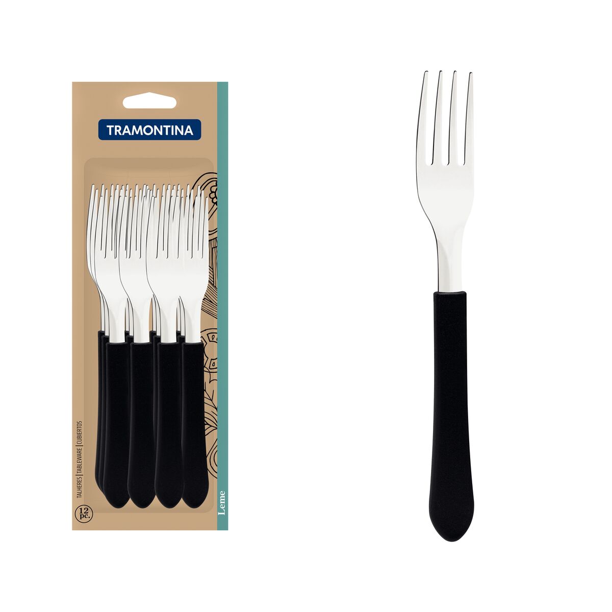 Conjunto de Garfos de Mesa Tramontina Leme com Lâminas em Aço Inox e Cabos de Polipropileno Preto 12 Peças
