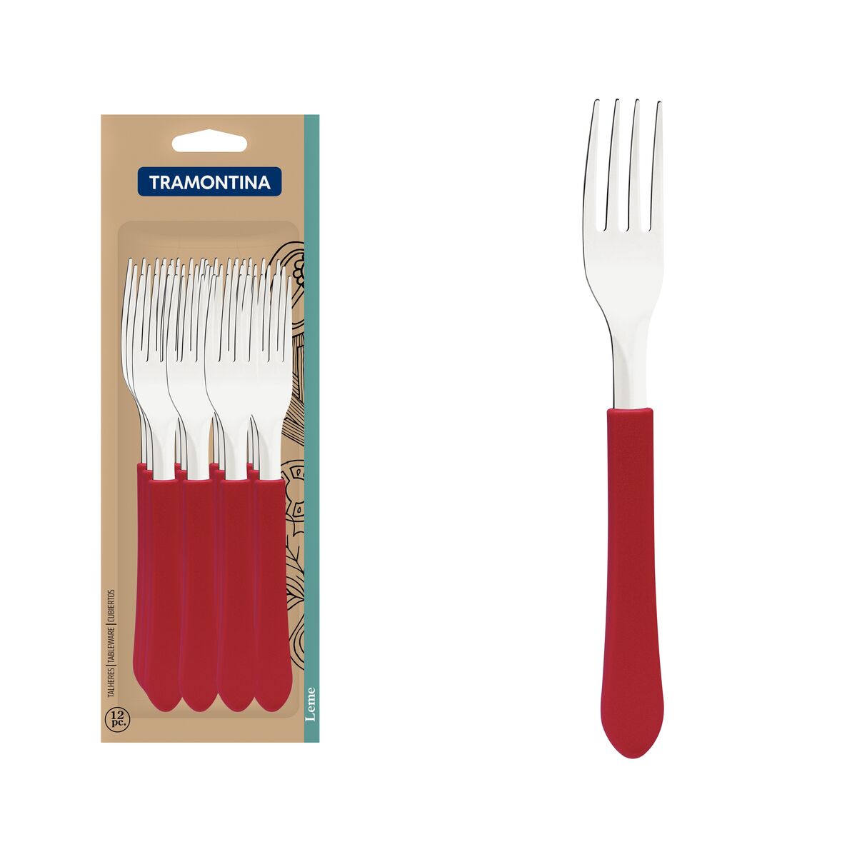Conjunto de Garfos de Mesa Tramontina Leme com Lâminas em Aço Inox e Cabos de Polipropileno Vermelho 12 Peças