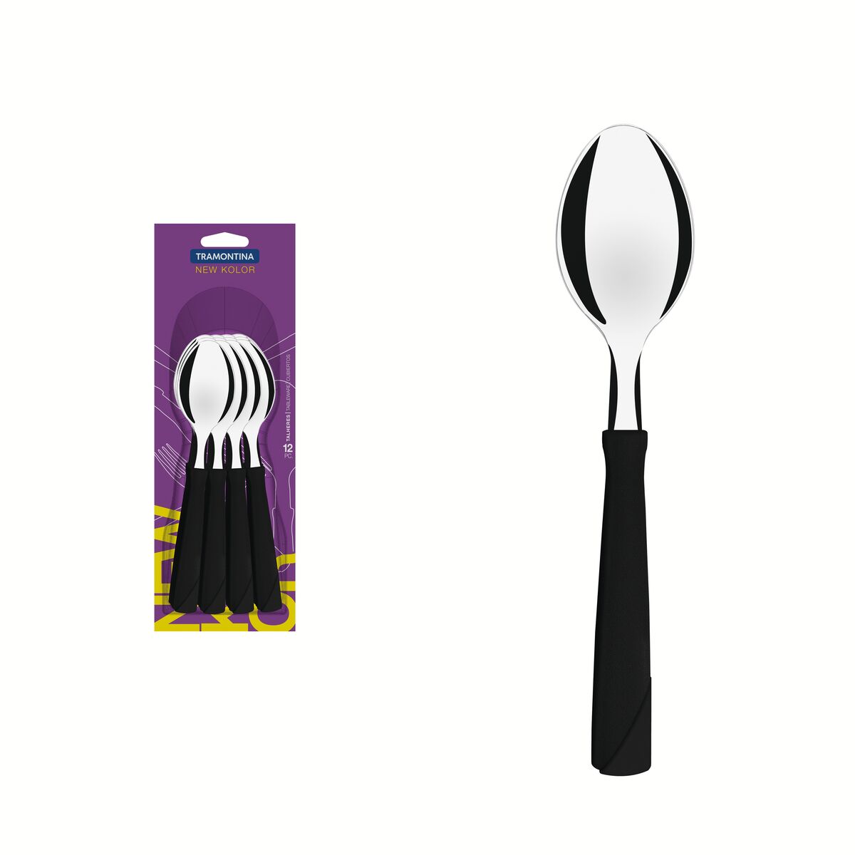 Conjunto de Colheres de Mesa Tramontina New Kolor com Lâminas em Aço Inox e Cabos de Polipropileno Preto 12 Peças