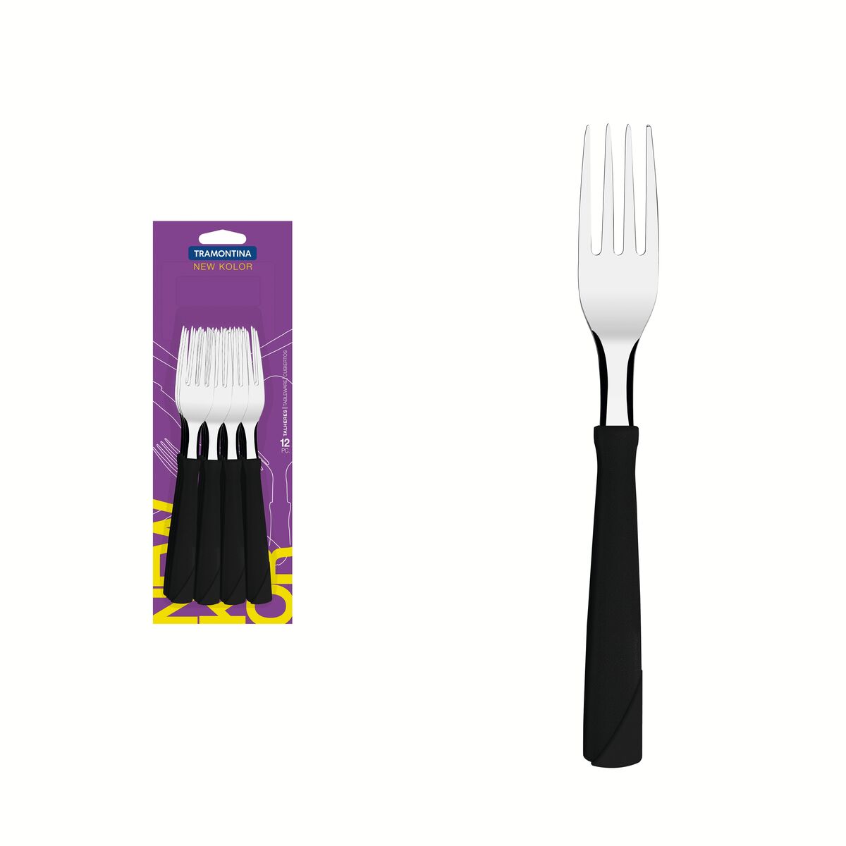Conjunto de Garfos de Mesa Tramontina New Kolor com Lâminas em Aço Inox e Cabos de Polipropileno Preto 12 Peças
