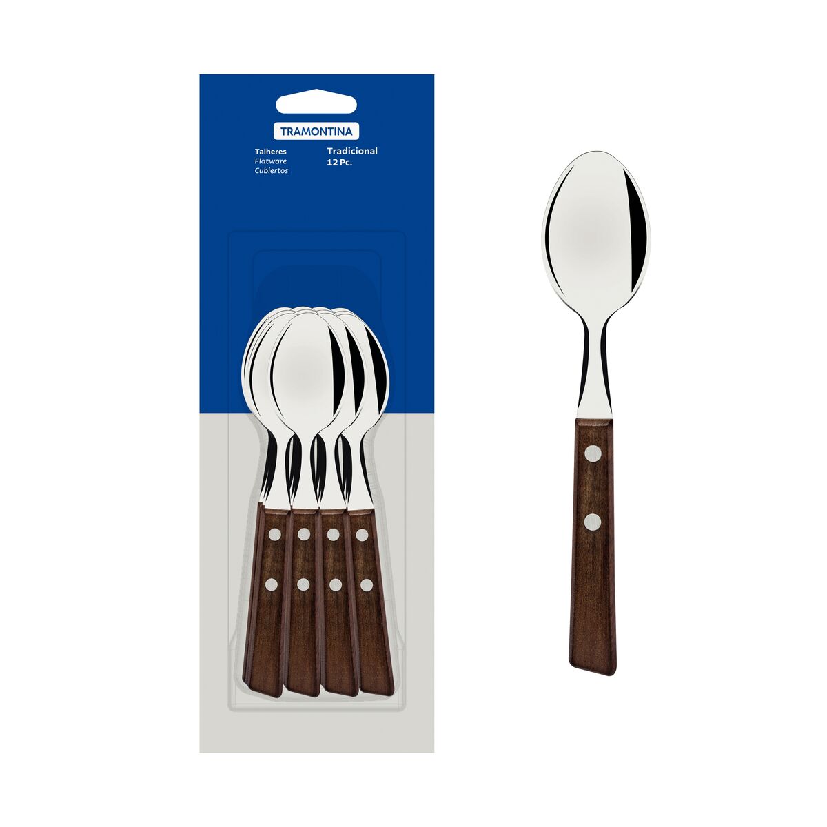 Conjunto de Colheres para Chá Tramontina Tradicional com Lâminas em Aço Inox e Cabos de Madeira Natural 12 Peças