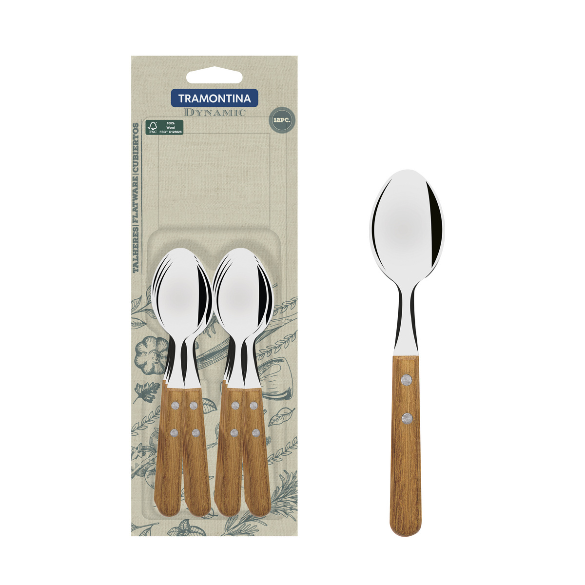 Conjunto de Colheres para Chá Tramontina Dynamic com Lâminas em Aço Inox e Cabos de Madeira Natural 12 Peças
