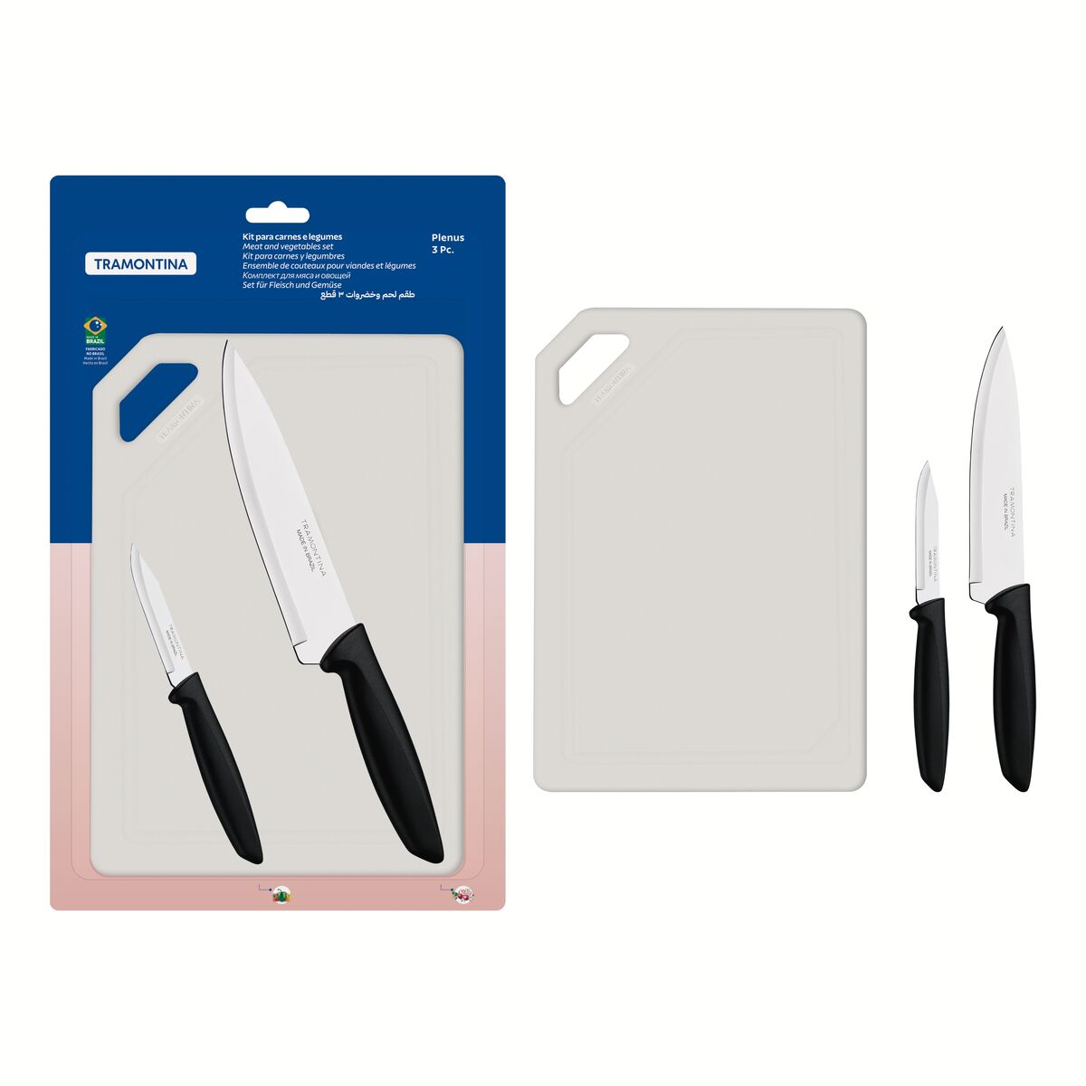 Kit para Carnes e Legumes Tramontina Plenus com Lâminas em Aço Inox Cabos de Polipropileno Preto e Tábua para Cortar 3 Peças