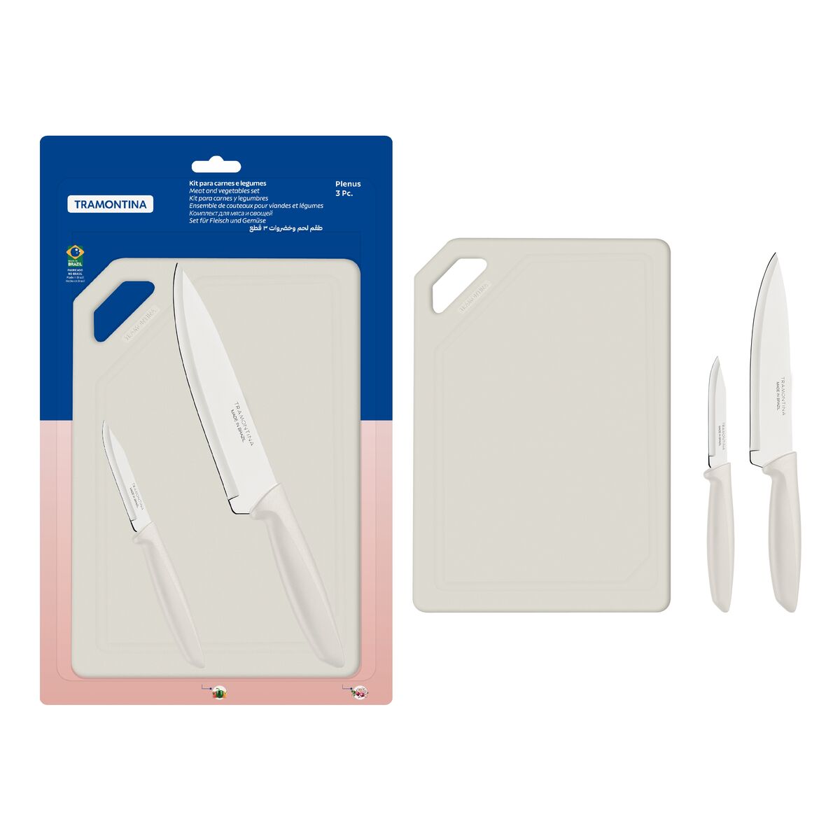 Kit para Carnes e Legumes Tramontina Plenus com Lâminas em Aço Inox Cabos de Polipropileno Off White e Tábua para Cortar 3 Peças