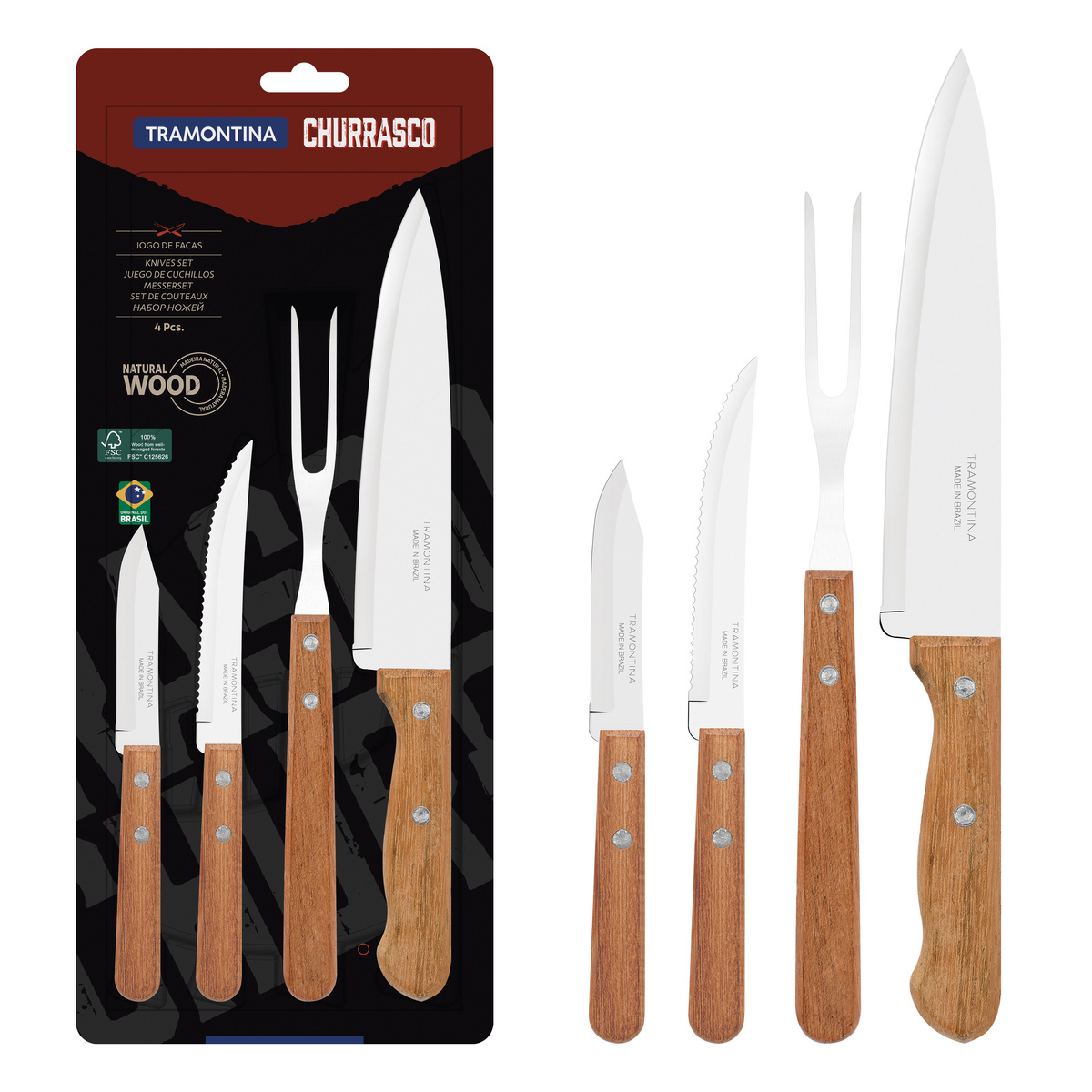 Jogo para Churrasco Tramontina Dynamic com Lâminas em Aço Inox e Cabos de Madeira Natural 04 Peças