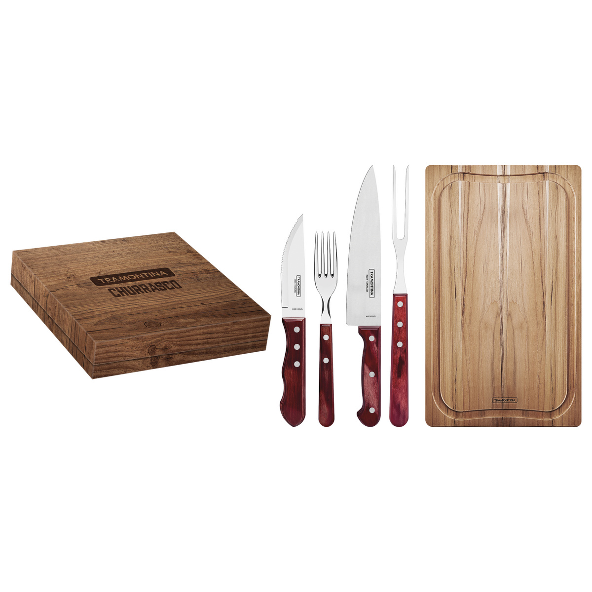 Kit para Churrasco Tramontina com Lâminas em Aço Inox e Cabos em Madeira Polywood Vermelho com Caixa de Papelão 15 Peças