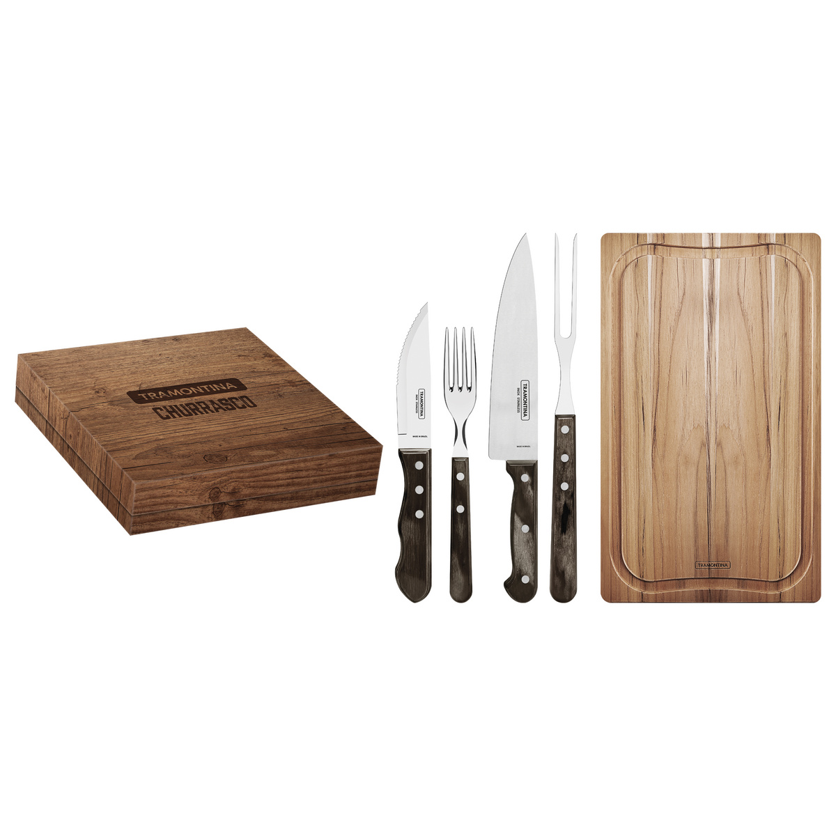Kit para Churrasco Tramontina com Lâminas em Aço Inox e Cabos em Madeira Polywood Castanho com Caixa de Papelão 15 Peças