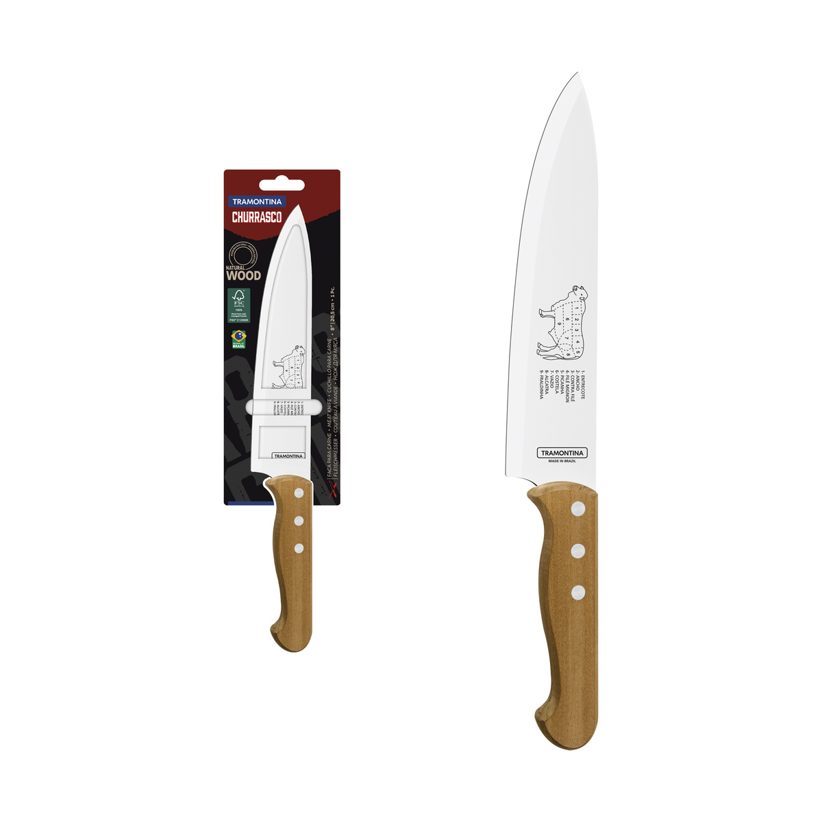 Faca para Carne Tramontina Churrasco com Lâminas em Aço Inox e Cabo de Madeira Natural 8"