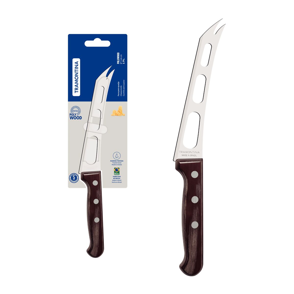Faca para Queijo Tramontina Polywood com Lâmina em Aço Inox e Cabo de Madeira Tratada Castanho 6"