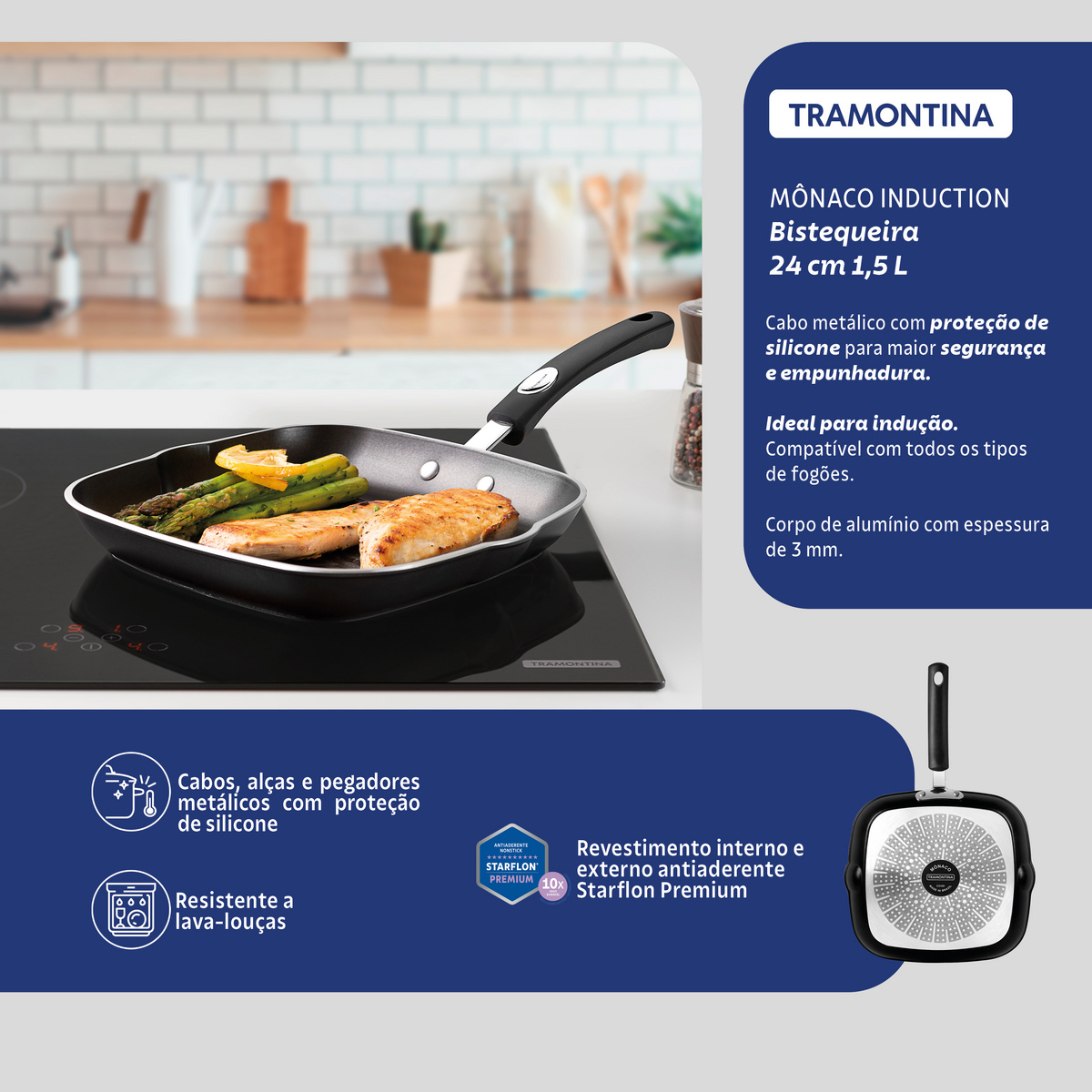 Bistequeira Tramontina Mônaco Induction em Alumínio com Revestimento Interno e Externo Antiaderente Starflon Premium Preto 24 cm 1,5 L