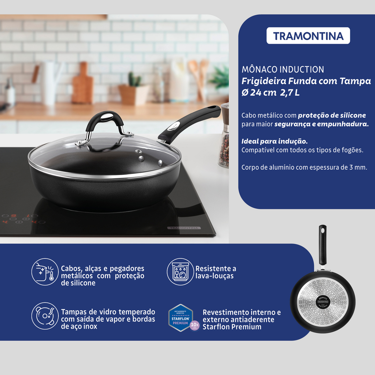 Frigideira Funda Tramontina Mônaco Induction em Alumínio com Revestimento Interno e Externo Antiaderente Starflon Premium Preto com Tampa 24 cm 2,7 L