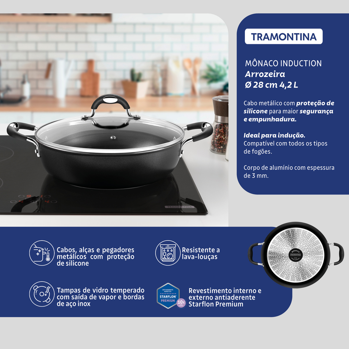 Arrozeira Tramontina Mônaco Induction em Alumínio com Revestimento Interno e Externo Antiaderente Starflon Premium Preto com Tampa 28 cm 4,2 L