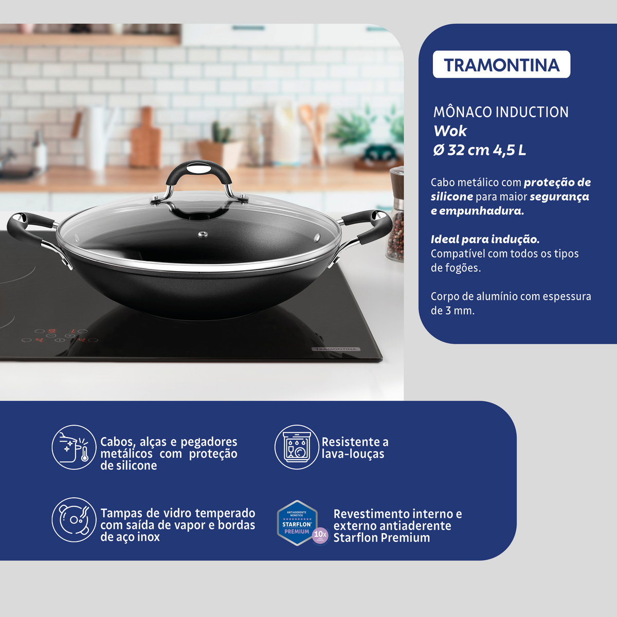 Wok Tramontina Mônaco Induction em Alumínio com Revestimento Interno e Externo Antiaderente Starflon Premium Preto com Tampa de Vidro 32 cm 4,5 L