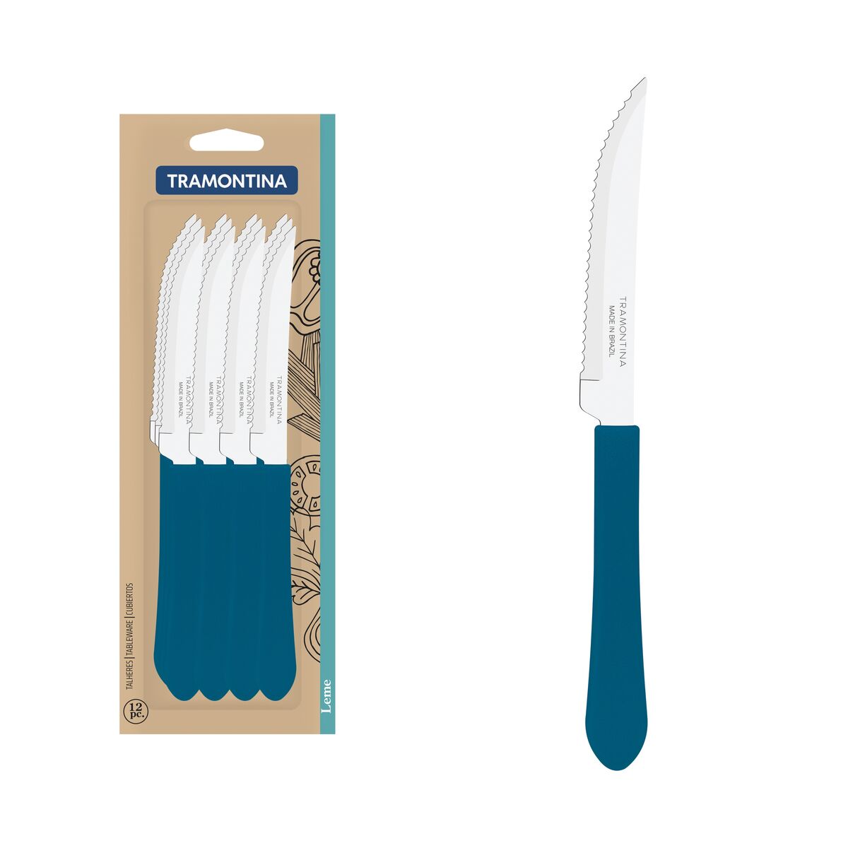 Conjunto de Facas para Churrasco Tramontina Leme com Lâminas em Aço Inox e Cabos de Polipropileno Azul Oceano 12 Peças