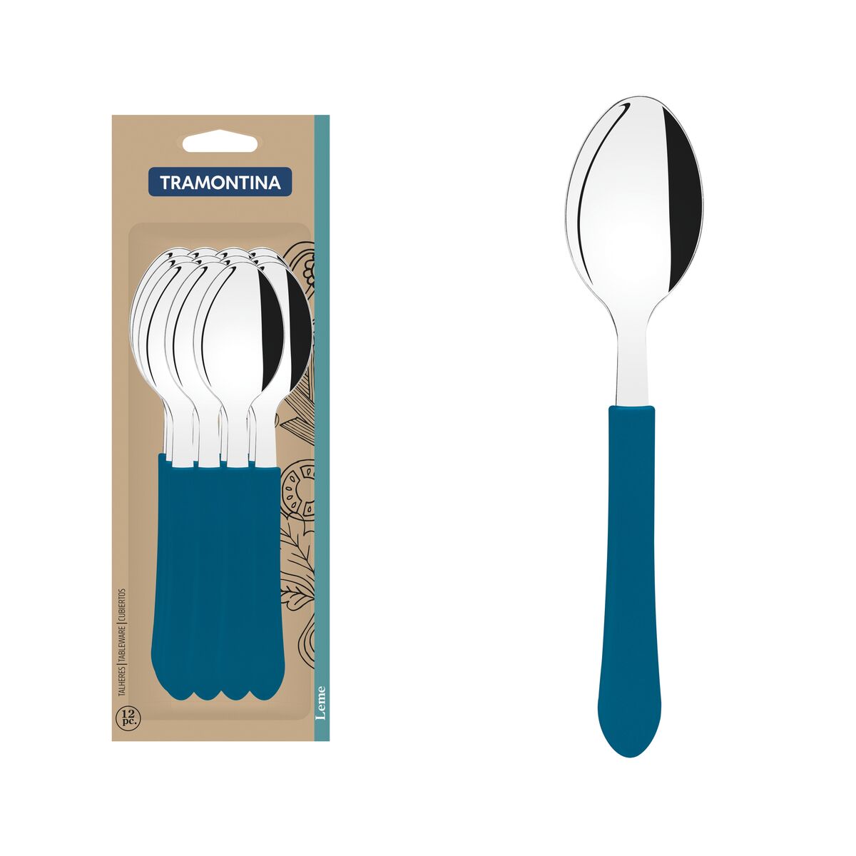Conjunto de Colheres de Mesa Tramontina Leme com Lâminas em Aço Inox e Cabos de Polipropileno Azul Oceano 12 peças